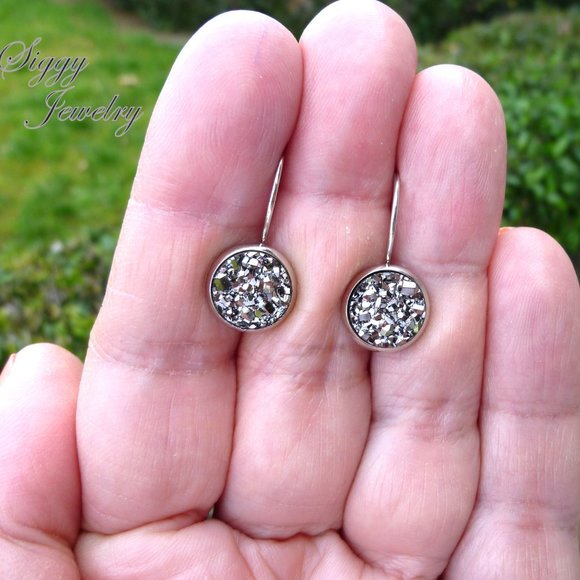 Shiny Hematite Faux Druzy Drop Lever Earrings - Picture 6 of 7